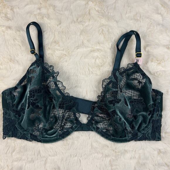 Victoria's Secret Very Sexy Low Cut Demi Bra Velvet Green Lace Underwire 34DD - Picture 2 of 10